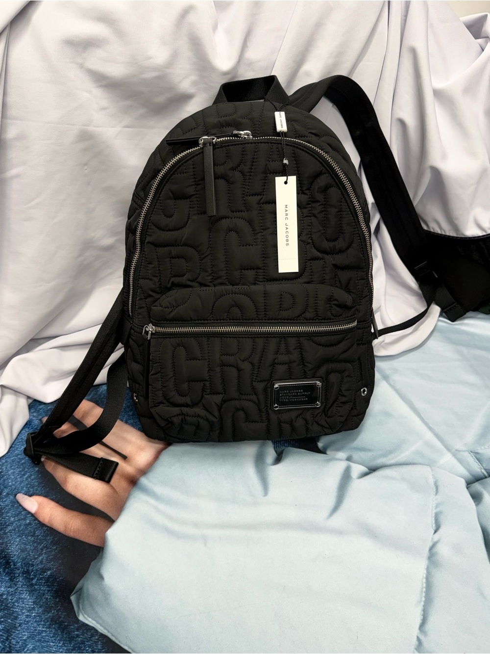 (new+tag) Marc Jacobs Black Quilted Logo Nylon Backpack size 15x11 inch - Picture 4 of 9